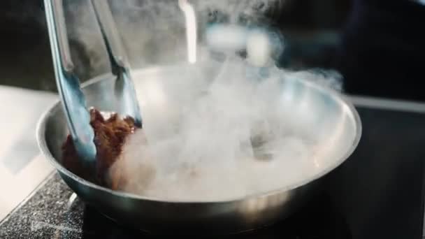 Close Filet Mignon Being Cooked Frying Pan — Stock Video