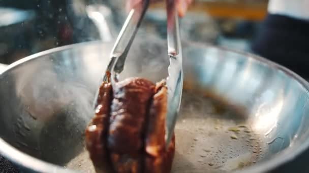 Close Filet Mignon Being Cooked Frying Pan — Stok video