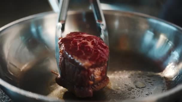 Close Filet Mignon Being Cooked Frying Pan — Stock Video