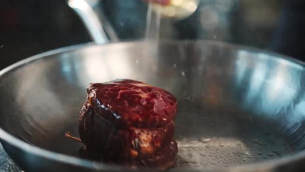 Close Filet Mignon Being Cooked Frying Pan — Vídeo de stock