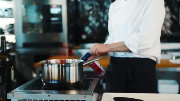 Chef Sets Fire Dish Professional Kitchen Restaurant Process Cooking Food — Stock Video