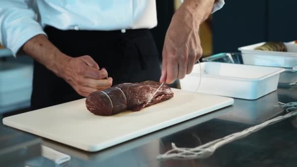 Close Chef Tying Meat Filet Mignon String Process Preparing Food — Vídeos de Stock