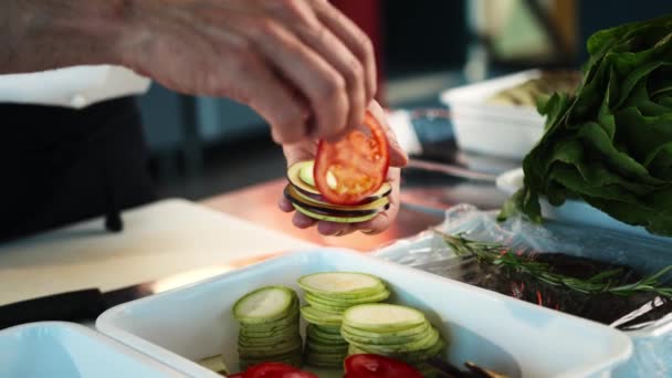Close Chef Gathers Vegetables Ratatouille Process Preparing Food Restaurant — Stockvideo