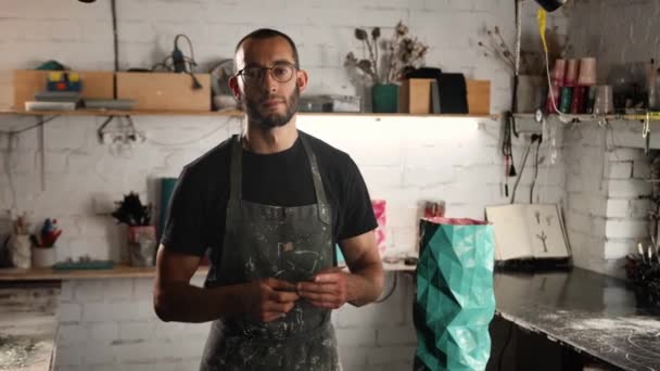 Portrait Male Close Man Glasses Arab Appearance Looks Camera Smiles — Stock video
