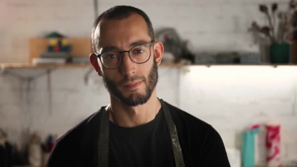 Portrait Male Close Man Glasses Arab Appearance Looks Camera Smiles — Vídeo de stock
