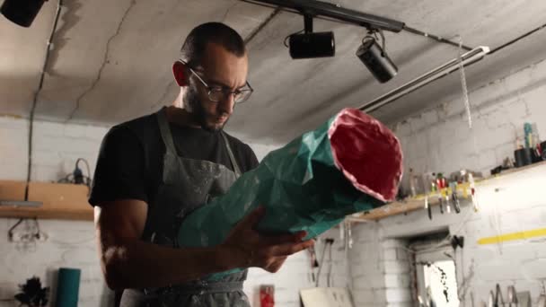 Male Creator Sculptor Handyman Creates Handmade Art Object — Stock video