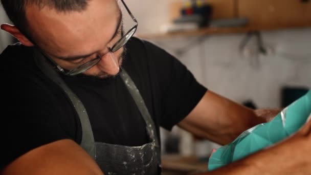 Male Creator Sculptor Handyman Creates Handmade Art Object — Stock video