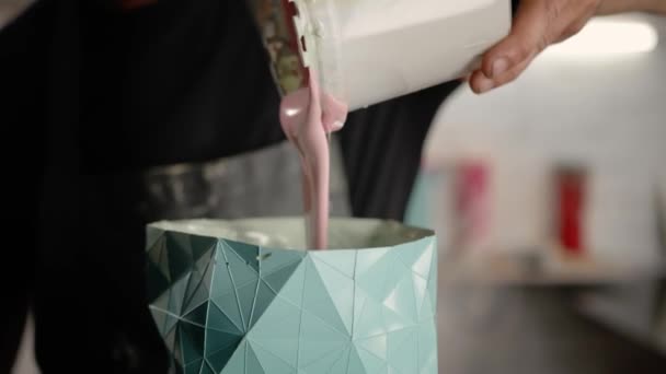 Male Sculptor Handyman Creates Handmade Vase Paint Poured Object — Stok video