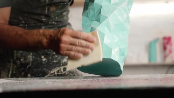 Male Artisan Artist Sculptor Wipes Product Puts Things Order Workshop — Vídeo de Stock
