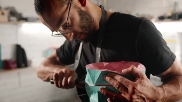 Male Craftsman Creates Decorative Product His Own Hands Handmade Workshop — Stock video