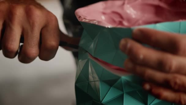 Close Craftsman Creates Decorative Item His Own Hands Handmade Workshop — Stock video