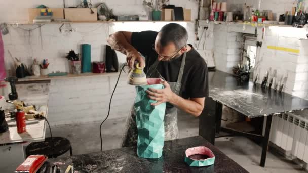 Male Craftsman Creates Decorative Product His Own Hands Handmade Workshop — Video Stock