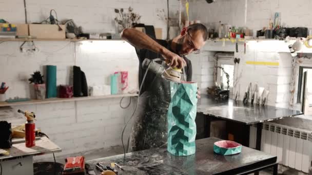 Male Craftsman Creates Decorative Product His Own Hands Handmade Workshop — Stockvideo