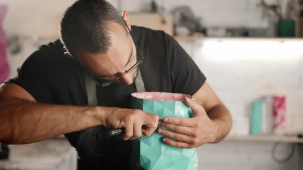 Male Craftsman Creates Decorative Product His Own Hands Handmade Workshop — Vídeo de Stock