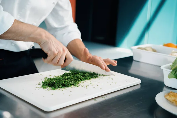 Close Chef Finely Chopping Herbs Professional Kitchen —  Fotos de Stock