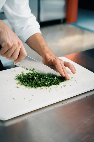 Close Chef Finely Chopping Herbs Professional Kitchen —  Fotos de Stock