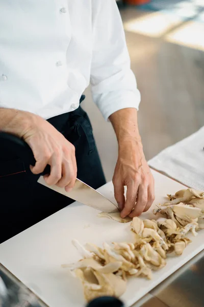 Professional Kitchen Two Chefs Prepare Food Cook Cuts Mushrooms Prepare — Zdjęcie stockowe