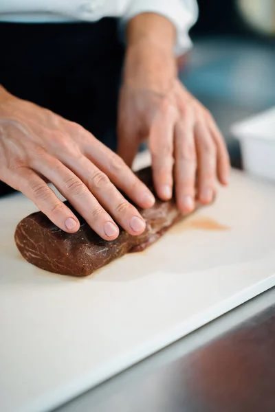 Professional Restaurant Kitchen Close Raw Meat Filet Mignon — Stockfoto
