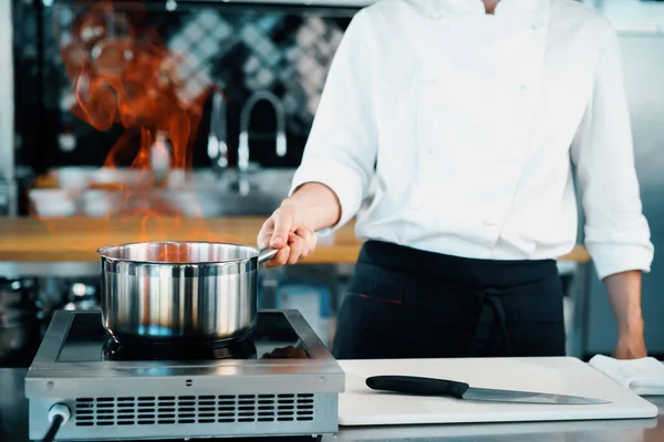 Professional kitchen of the restaurant, close-up: fire from the pot, process of preparing the sauce