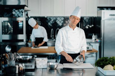 Professional restaurant kitchen: chefs prepare delicious dish