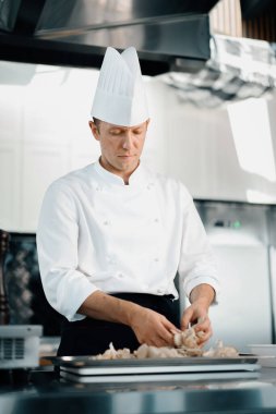 Professional cuisine: two chefs prepare delicious dish in a restaurant