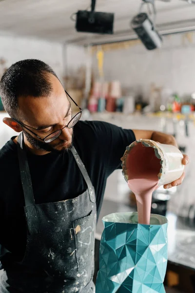 Male Artist Sculptor Artisan Creates Vase His Own Hands Art — Zdjęcie stockowe