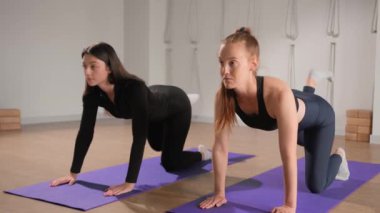 Woman learn yoga pilates with coach trainer. Girl using mat exercise, follow fitness instructor workout for health
