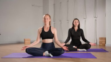 Woman learn yoga pilates with coach trainer. Girl using mat exercise, follow fitness instructor workout for health