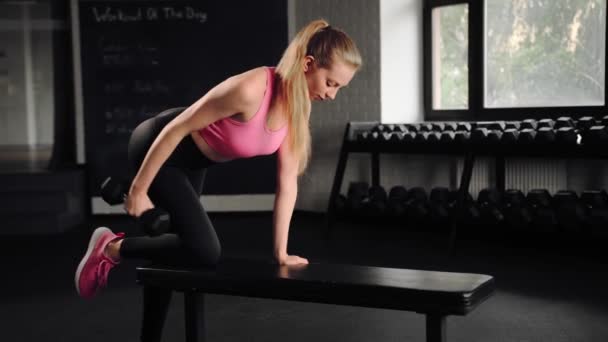 Athletic Girl Athlete Trains Her Back Dumbbells Gym Dumbbell Bench — Stockvideo