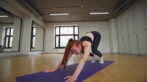 Athletic Woman Doing Yoga Health Girl Lotus Position Folds Her — Vídeos de Stock