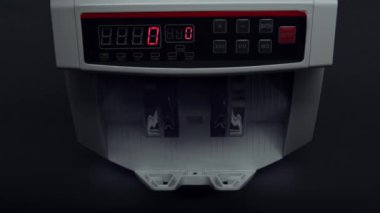 Money counting equipment for paper money calculation. Automatic mechanism bank financial operations. Currency exchange of one hundred usd. Closeup currency counting machine counting dollar bills