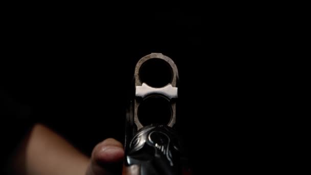 Close Man Black Shirt Black Background Loads Shotgun — Videoclip de stoc
