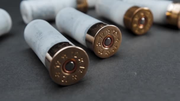 Close Shotgun Cartridges Table Dark Background — Vídeo de Stock