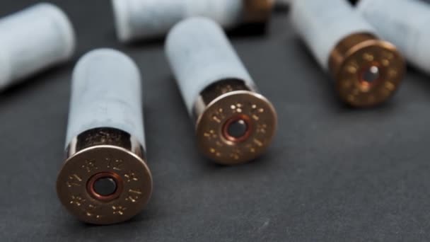 Close Shotgun Cartridges Table Dark Background — Stock Video