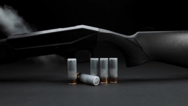 Close Smoke Slides Hunting Shotgun Cartridges Table Dark Background — Stock Video