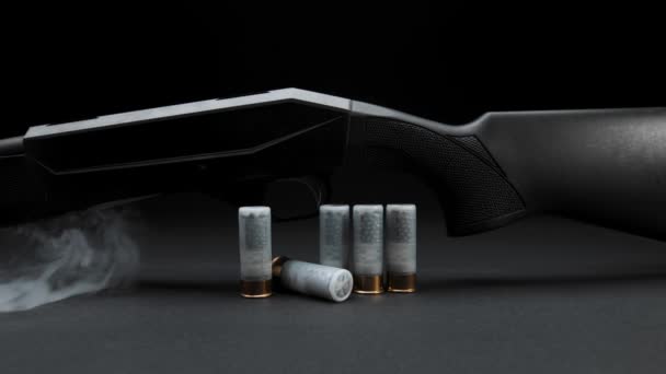 Close Smoke Slides Hunting Shotgun Cartridges Table Dark Background — Stock video