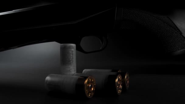 Close Light Glides Hunting Shotgun Cartridges Table Dark Background — Stok Video