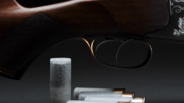 Close Wooden Hunting Shotgun Cartridges Table Dark Background — Video