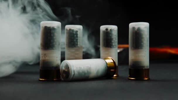 Close Shotgun Shell Smoke Dark Background — Vídeo de Stock