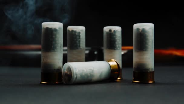 Close Shotgun Shell Smoke Dark Background — Vídeo de Stock