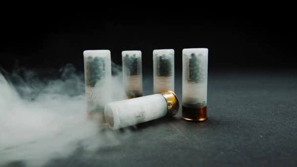 Close Shotgun Shell Smoke Dark Background — Vídeos de Stock