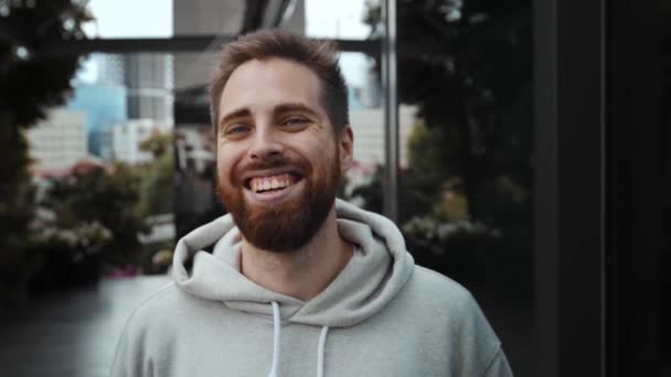 Portrait Attractive Young Man Beard Looks Camera Smiles — Video