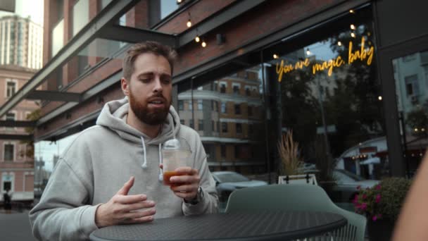 Attractive Young Man Beard Chats Drinks Coffee Date Woman Meeting — Video