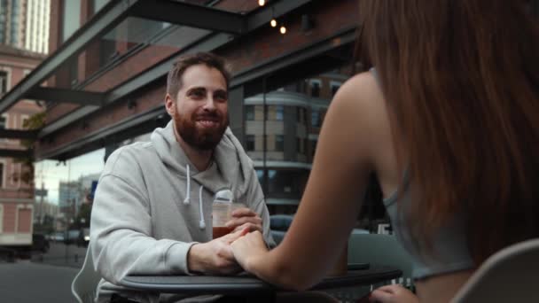 Bearded Man Smiling Woman Date Outdoors Coffee Shop — Video