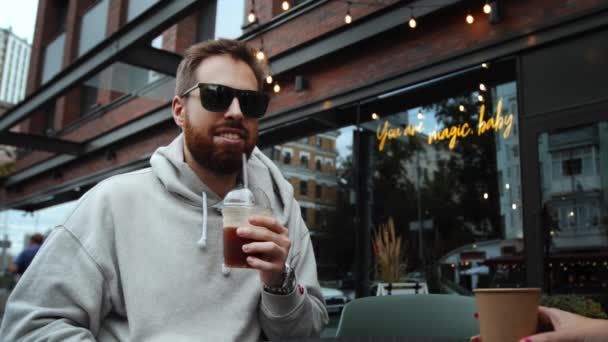Attractive Young Man Beard Smiles Drinks Coffee Date Woman Meeting — стоковое видео