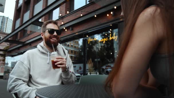 Attractive Young Man Beard Smokes Electronic Cigarette Drinks Coffee Date — Stockvideo