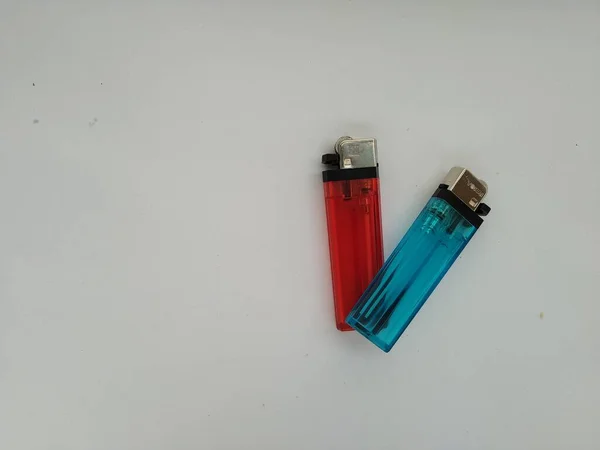 Blue Red Gas Lighter White Background — 图库照片