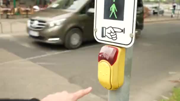 Woman Pressing Button Road Crossing — Stockvideo