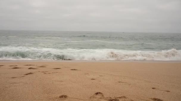 Big Waves Sandy Beach Cloudy Sky Dark Day — Stock Video