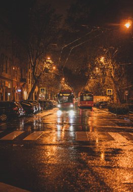 Gece sokağında iki otobüs var.